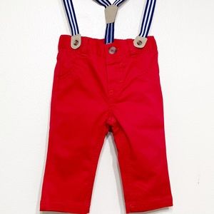 SOLD Hipster baby boy red pants with striped suspenders